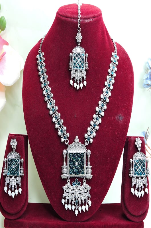 Silver and Rama Oxidised Necklace Set