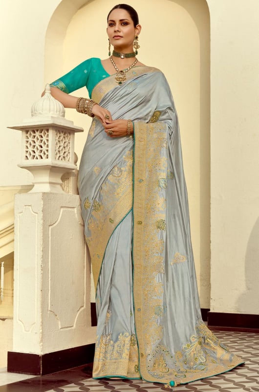 Silver Handwork Dola Silk Saree