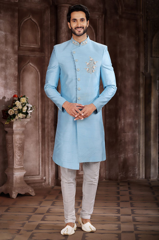 Sky Blue Art Silk Men Sherwani