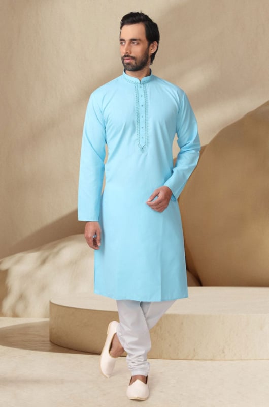 Sky Blue Cotton Rayon Festival Wear Kurta Set