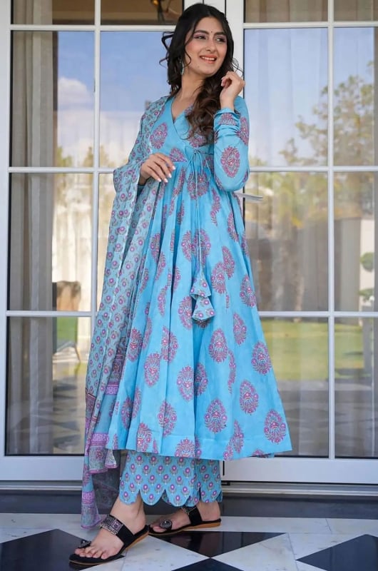Sky Blue Digital Print Muslin Plus Size Suit