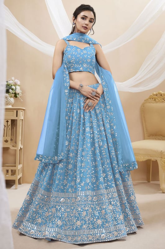 Sky Blue Embroidered Georgette Lehenga Choli for Sangeet