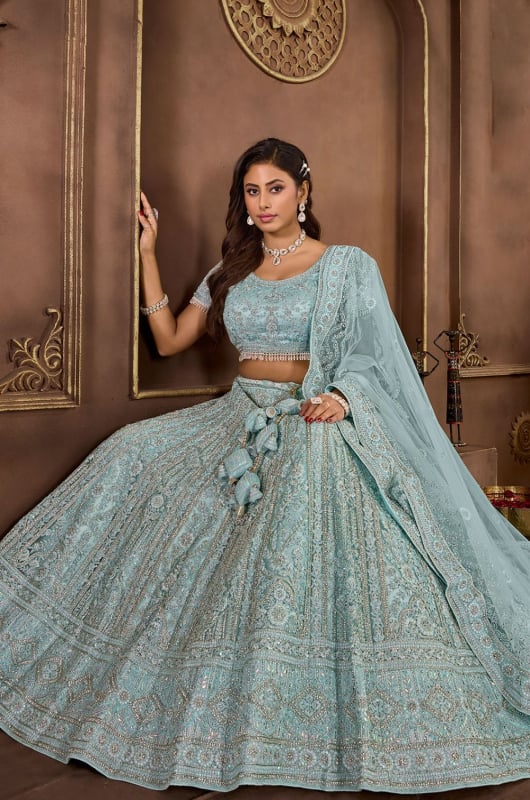 Sky Blue Embroidered Net Designer Lehenga Choli
