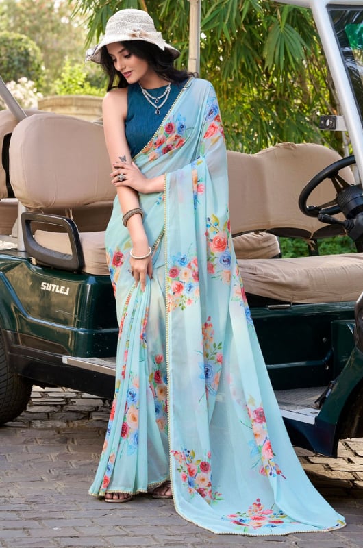 Sky Blue Floral Printed Saree