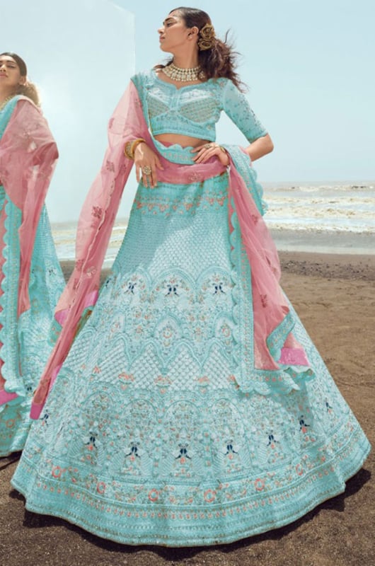 Sky Blue Georgette Designer Lehenga Choli Set for Wedding