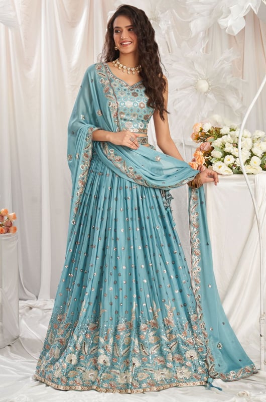 Sky Blue Sequins Embroidered Faux Georgette Lehenga Choli