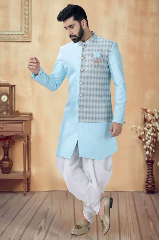 Sky Blue Silk Semi Indo Western Outfit