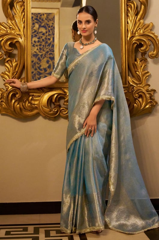 Sky Blue Tissue Shimmer Party Wear Saree