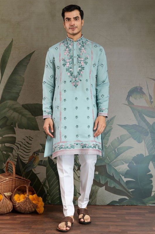 Sky Blue Viscose Silk Kurta for Festival