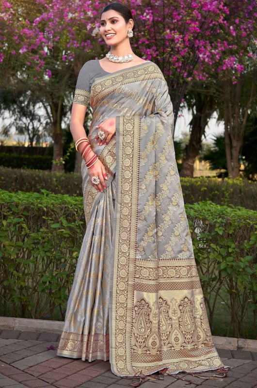 Sky Grey Woven Satin Silk Saree