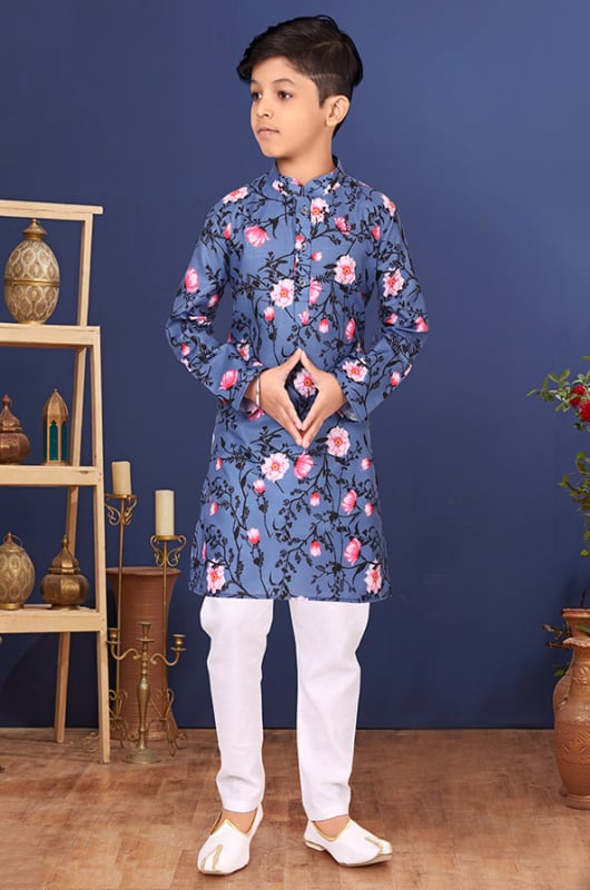 Slate Blue Cotton Digital Print Kurta Set
