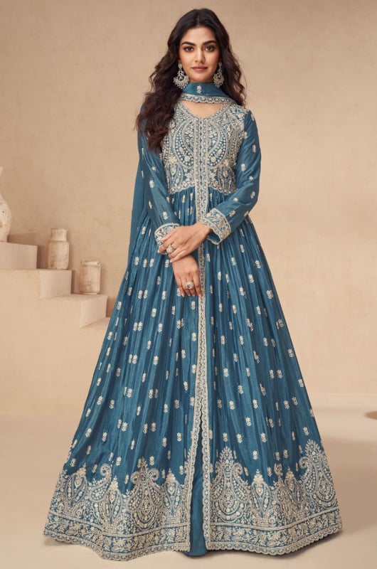 Slate Blue Embroidered Chinnon Silk Designer Lehenga Kameez for Ceremonial
