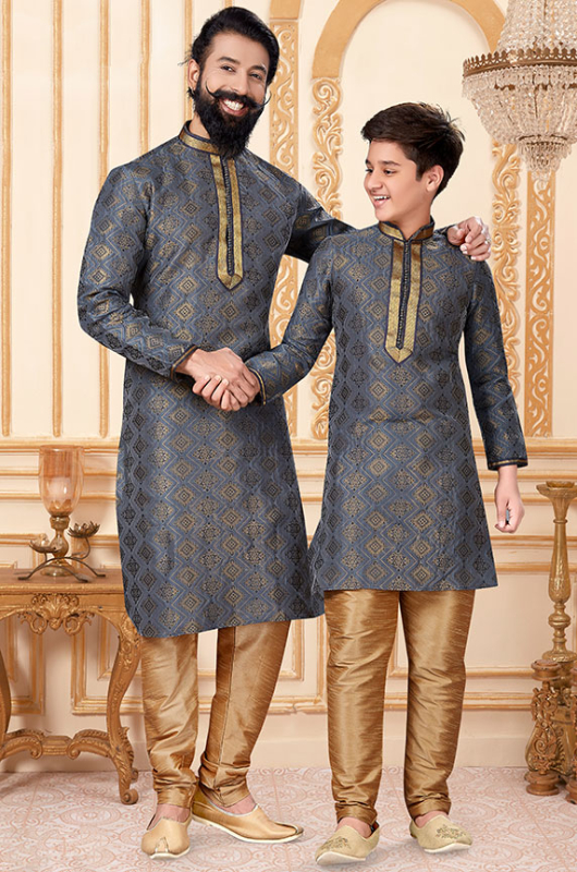 Slate Grey Father Son Kurta Set Combo