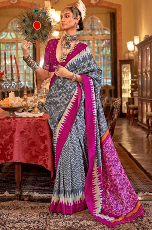 Slate Grey Patola Design Viscose Silk Saree