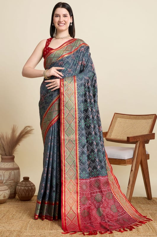 Slate Grey Woven Patola Silk Saree