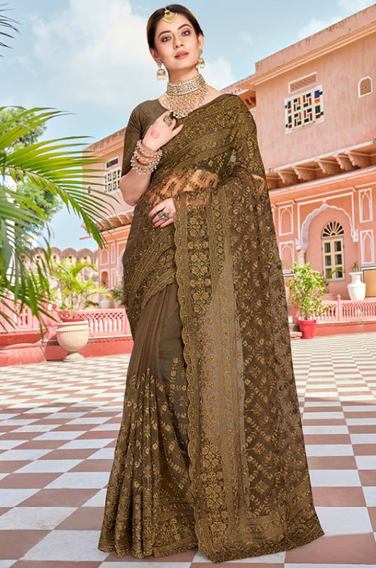 Snuff Brown Resham Embroidered Net Saree
