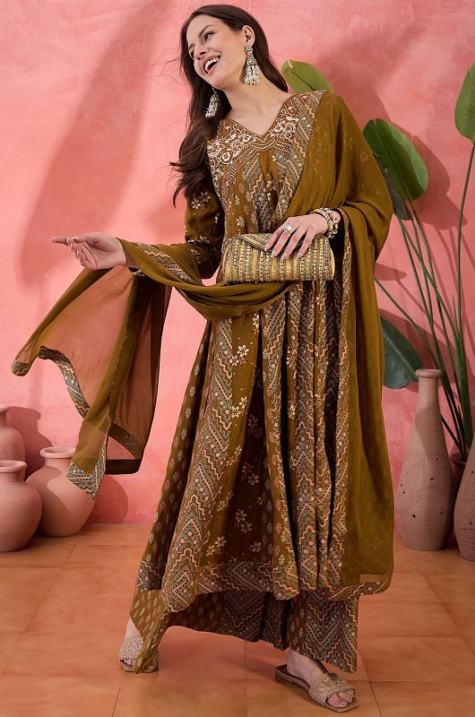 Snuff Brown Roman Silk Readymade Palazzo Kameez
