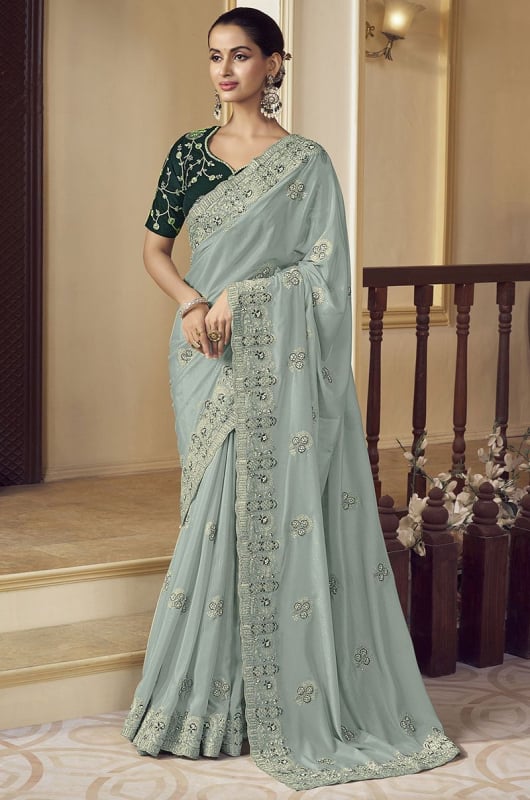 Soft Grey Embroidered Crepe Designer Saree