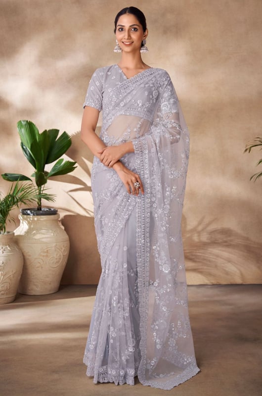 Soft Grey Embroidered Net Designer Saree
