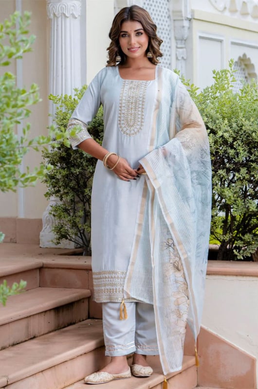 Soft Grey Viscose Roman Silk Readymade Suit