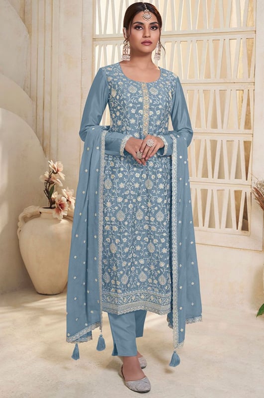 Steel Blue White Thread Embroidered Kurta Suit Set