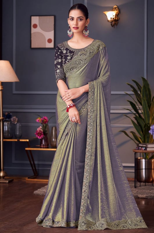 Steel Grey Embroidered Double Tone Silk Designer Saree