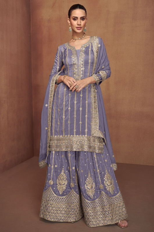 Steel Grey Embroidered Shimmer Silk Palazzo Kameez