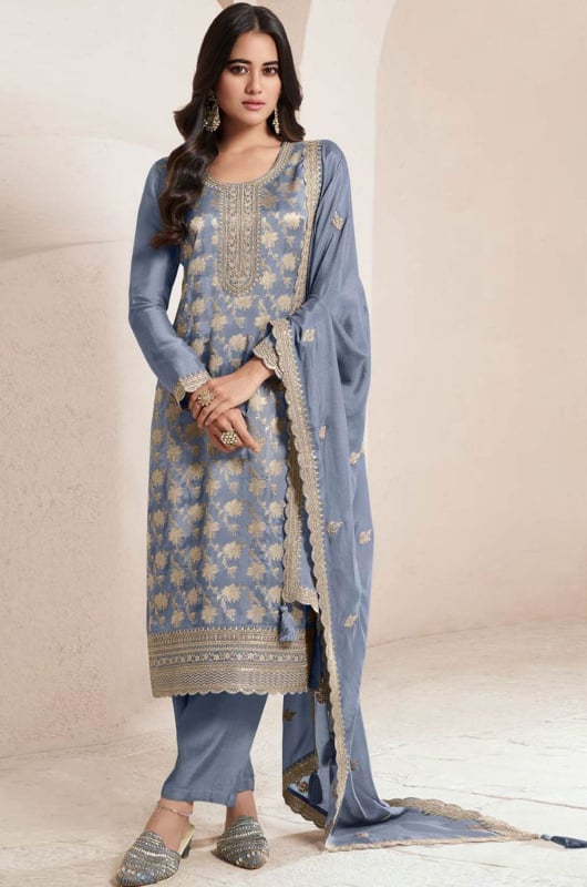 Steel Grey Embroidered Viscose Jacquard Silk Pant Kameez