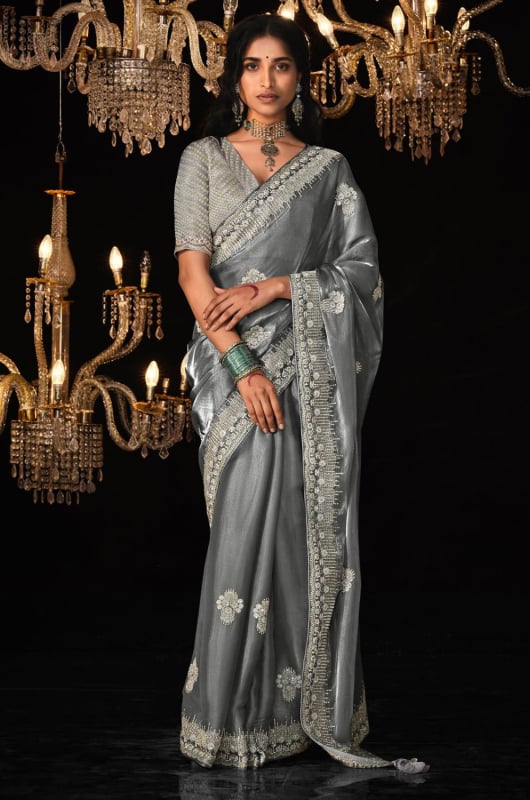 Stone Grey Embroidered Tissue Silk Designer Saree