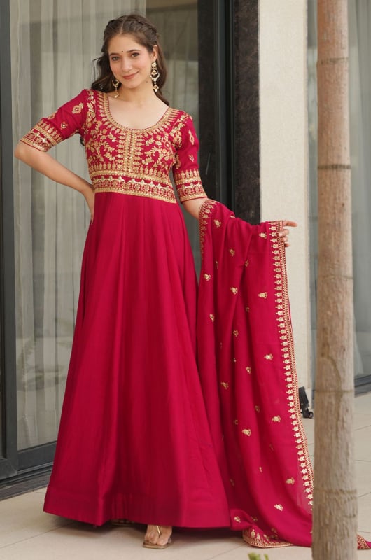 Strawberry Pink Sequins Embroidered Silk Anarkali Gown with Dupatta