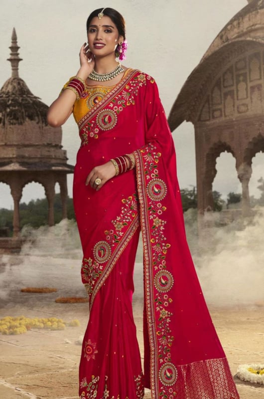 Strawberry Red Embroidered Silk Designer Saree