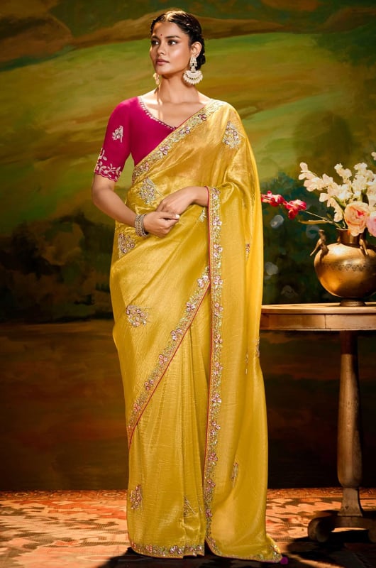 Sunny Yellow Embroidered Designer Saree for Wedding