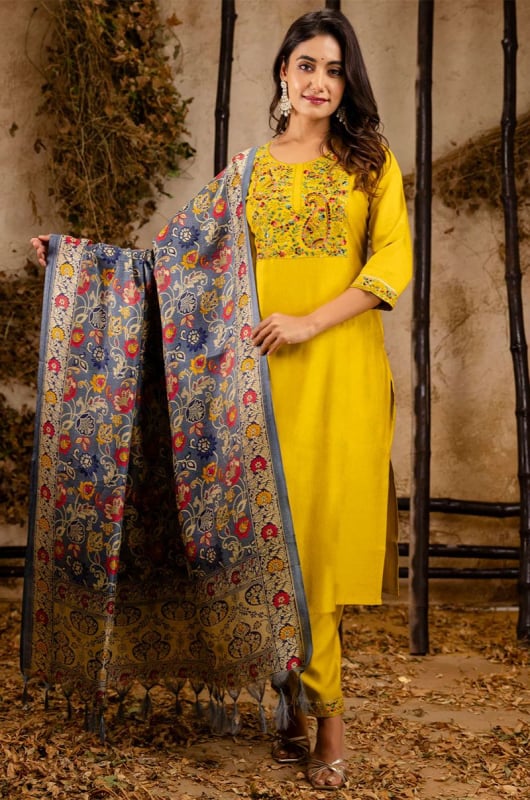 Sunny Yellow Viscose Rayon Readymade Pant Kameez