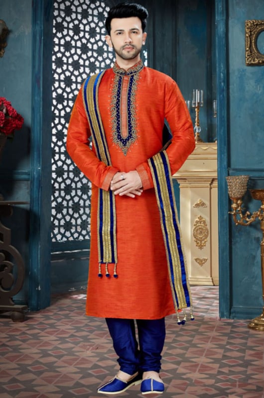 Tangerine Banglore Silk Designer Kurta Set