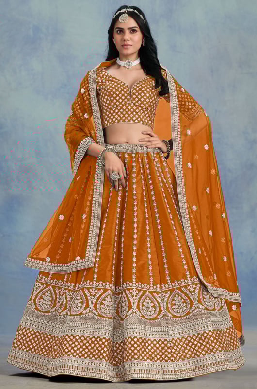 Tangerine Embroidered Art Silk Lehenga Choli with Net Dupatta