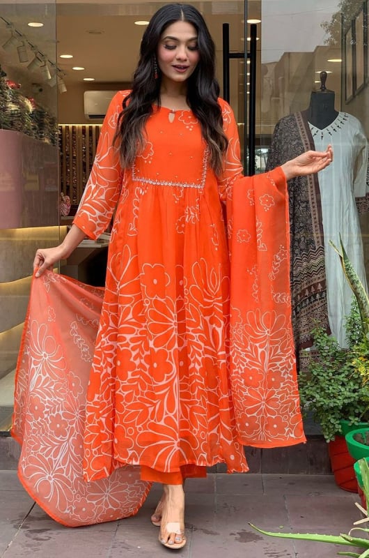 Tangy Orange Faux Georgette Readymade Pant Kameez
