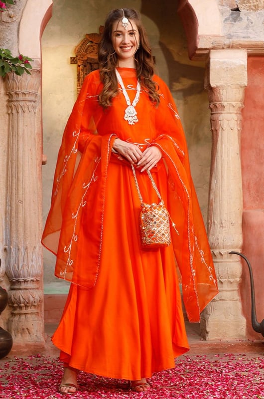 Tangy Orange Rayon Readymade Anarkali Suit