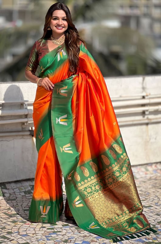 Tangy Orange Woven Soft Silk Saree