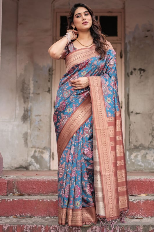 Teal Blue Banarasi Silk Saree