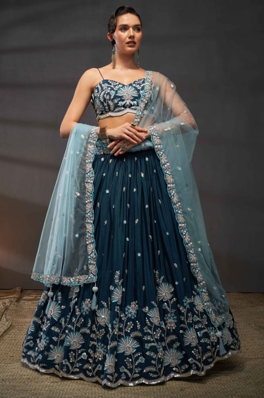 Teal Blue Embroidered Designer Lehenga Choli Set for Ceremonial