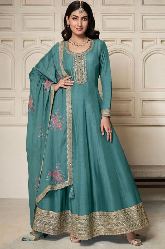 Teal Blue Embroidered Dola Silk Anarkali Gown with Dupatta