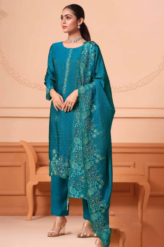 Teal Blue Embroidered Pant Kameez Suit