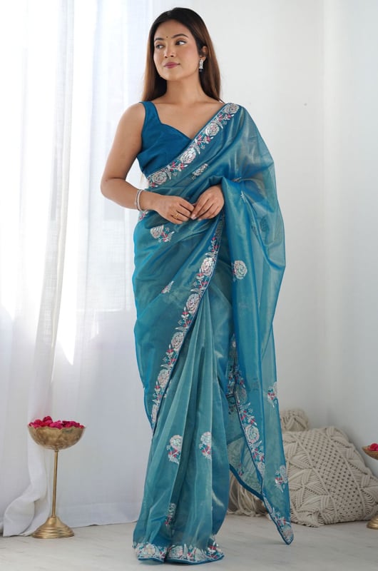 Teal Blue Embroidered Twill Net Saree