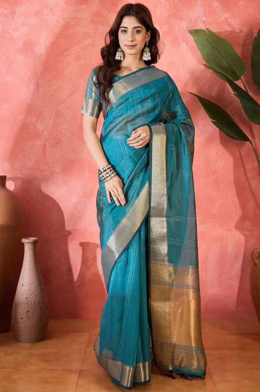 Teal Blue Khadi Organza Woven Jacquard Saree