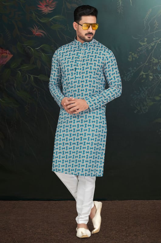 Teal Blue Printed Rayon Kurta Set for Men