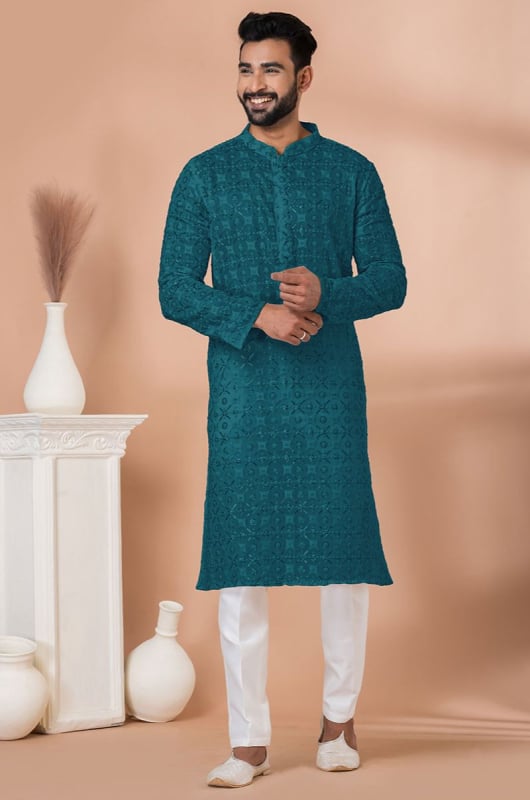Teal Blue Sequins Embroidered Georgette Kurta Set