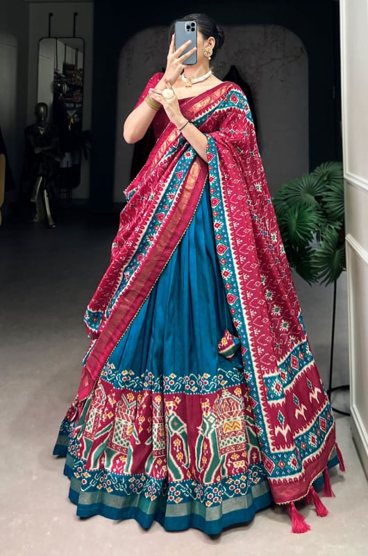 Teal Blue Tussar Silk Patola Printed Party Wear Lehenga Choli Set