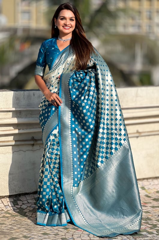 Teal Blue Zari Woven Banarasi Silk Saree