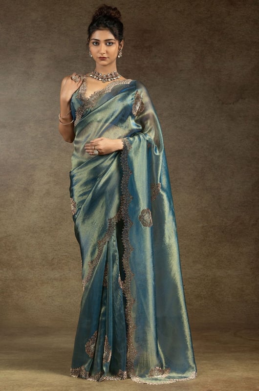 Teal Blue Zarkan Embellished Banarasi Silk Saree