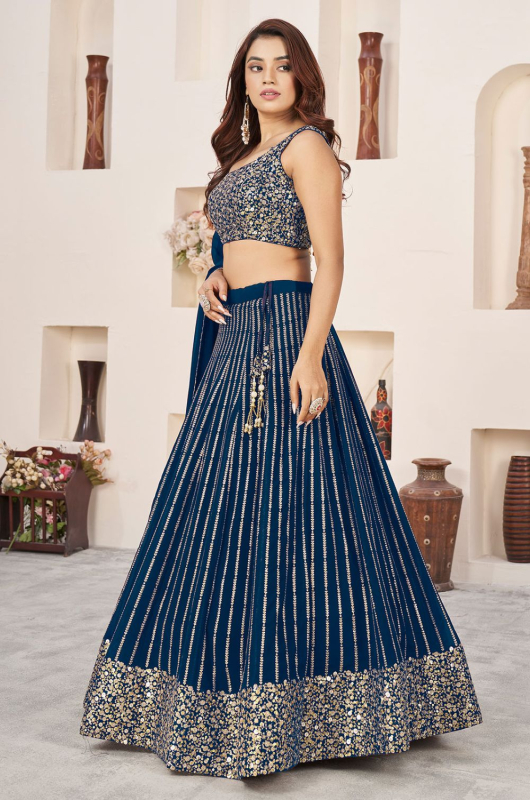 Teal BlueEmbroidered Georgette Lehenga Choli for Wedding